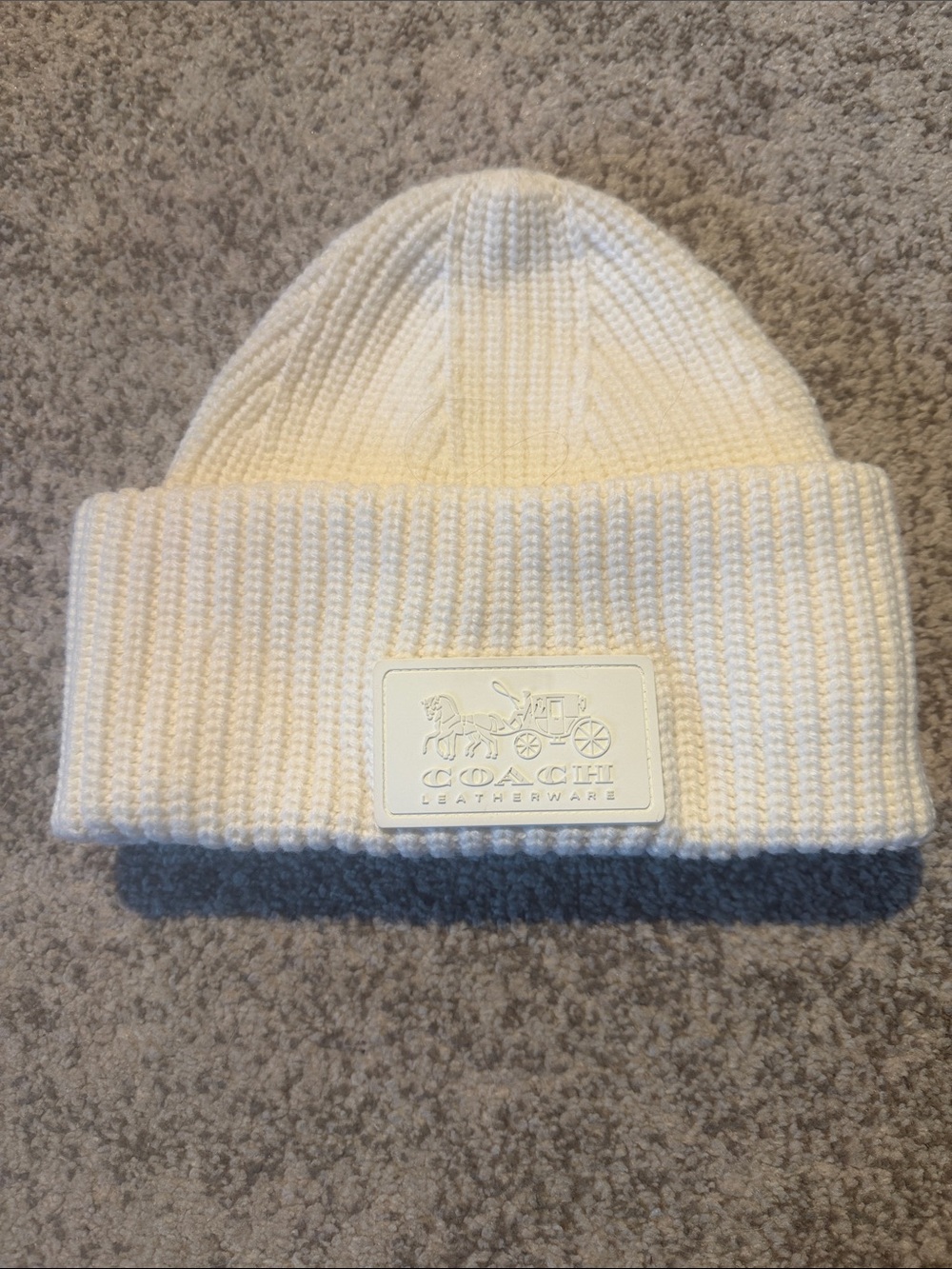 Coach Cream Ribbed Beanie with Logo Patch